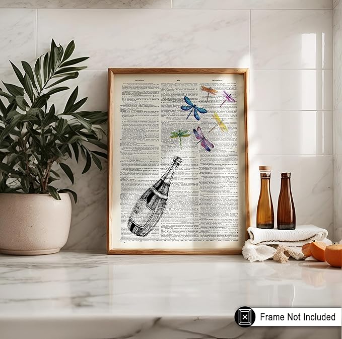 Poster Master Dictionary Art Poster - Champagne Bottle Print - Dragonfly Art - Alcohol Art - Gift for Men, Women & Bartender - Great Decor for Bar, Kitchen or Restaurant, 18x24 Unframed Wall Art