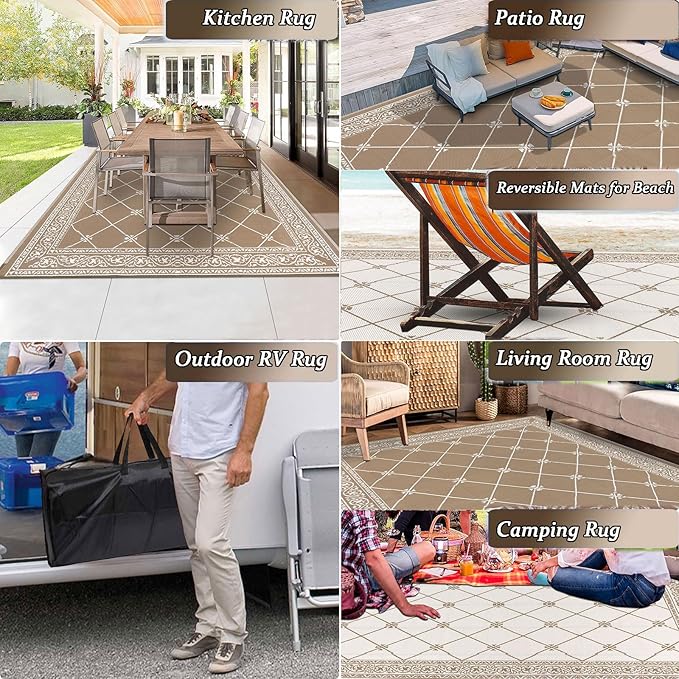 Outdoor Rug 8'x10' for Patios Waterproof Grey Patio Rugs Outdoor Mats for Front Porch,Beach Mat,Reversible Plastic Straw Camping Rugs for Outside RV,Deck,Balcony,Backyard