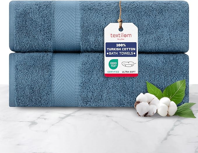 TEXTILOM 100% Turkish Cotton 2 Pcs Bath Towel Set, Luxury Bath Towels for Bathroom, Soft & Absorbent Hotel Quality Bathroom Towels Set (27 x 54 inches)- Mid Blue