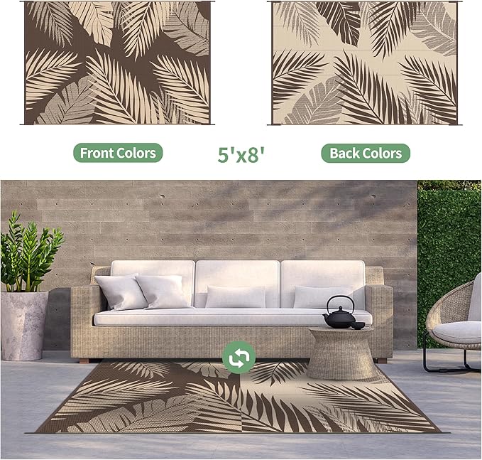 GENIMO Outdoor Rug 5' x 8' Waterproof for Patios Clearance, Reversible Outdoor Plastic Straw Camping Rug Carpet, Large Area Rugs Mats for RV, Camper, Deck, Balcony, Porch, Beach, Picnic, Coffee&Beige