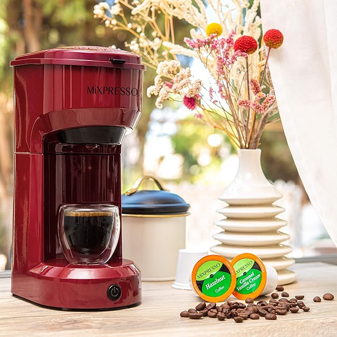 Mixpresso 2 in 1 Coffee Brewer, Single Serve & Personal Coffee Maker, Compact Size Mini, Quick Brew Technology, 14oz Red