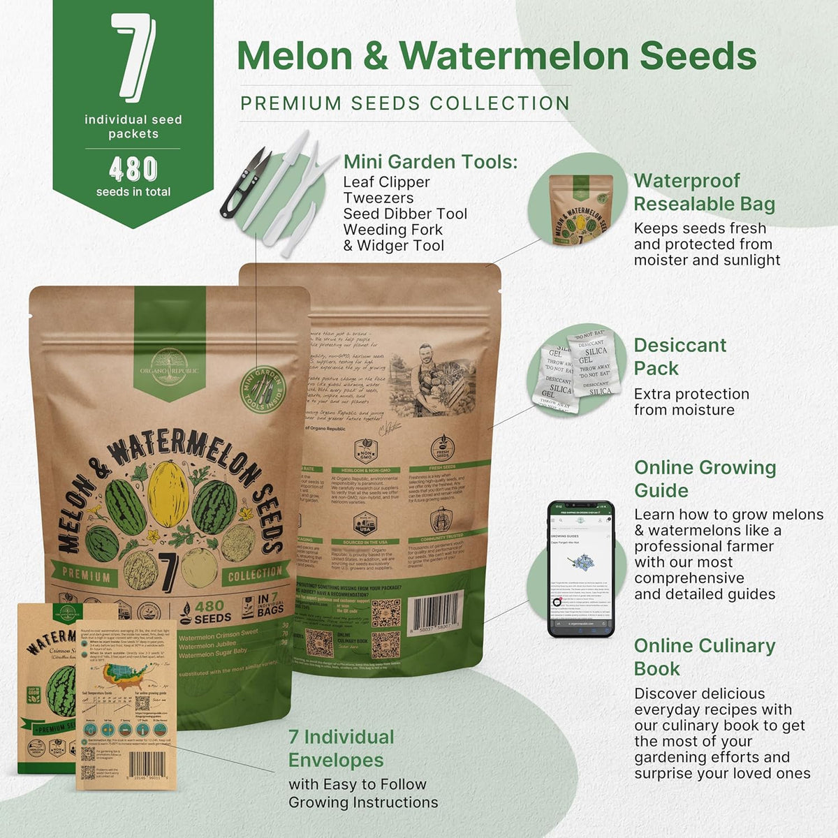 Organo Republic 7 Melon & Watermelon Seeds Variety Pack 480+ Non-GMO Heirloom Fruit Seeds for Planting Fruits in Individual Seed Packets, Home Garden Seeds for Hydroponic, Indoor & Outdoors Gardening