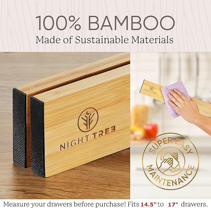 Night Tree Expandable Bamboo Drawer Dividers – Spring-Loaded Wooden Organizers for Clothes, Kitchen Utensils, Bathroom, and Dresser Drawers (14.5" to 16.5")