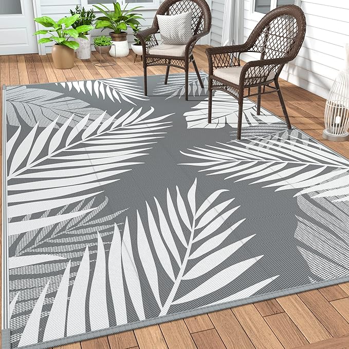 GENIMO Outdoor Rug 9' x 18' Waterproof for Patios Clearance, Reversible, Plastic Straw Camping Rug Carpet, Large Area Rugs Mats for RV, Picnic, Backyard, Deck, Balcony, Porch, Beach, Grey&White