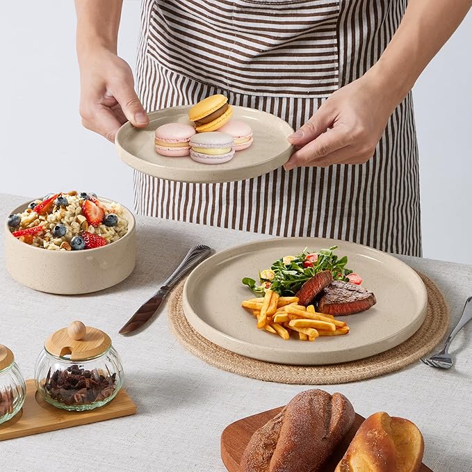 E-far Dinnerware Sets for 6, 18-Piece Stoneware Plates and Bowls Dish Set, Modern Kitchen Dinning Dishware, Chip and Scratch Resistant, Microwave & Dishwasher Safe, Speckled Khaki