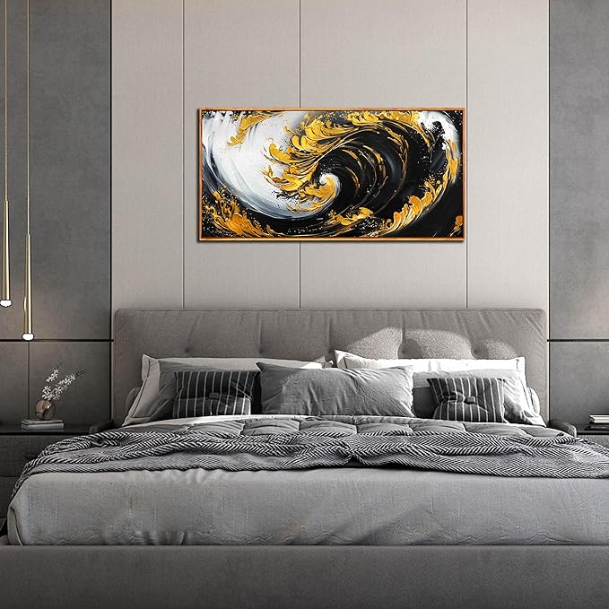 SIXTTART Abstract Black and White Wall Art for Living Room - Gold Modern Wall Art for Office - Framed Canvas Wall Art for Bedroom Size 20" x 40"