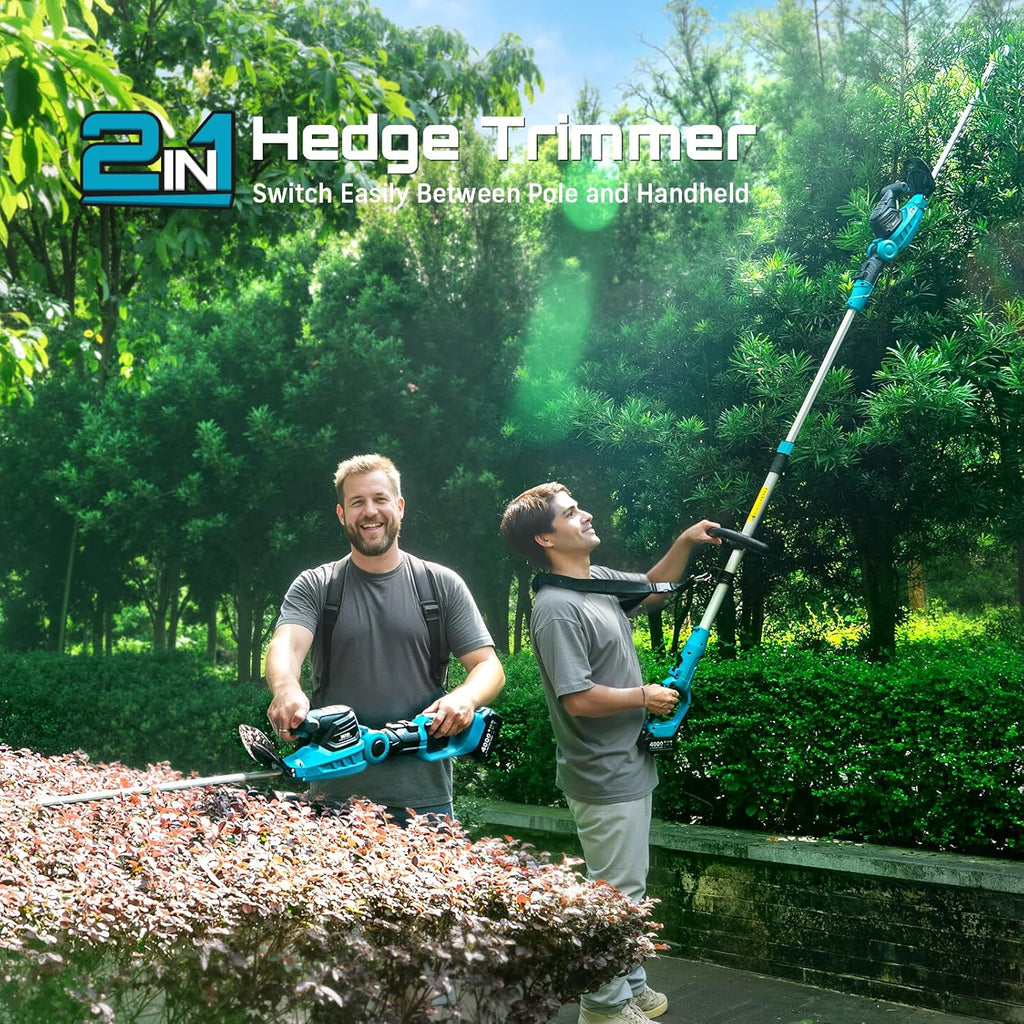 SEESII Pole & Cordless Hedge Trimmer 2-in-1: Electric Bush Trimmer with 20" Dual-Action Blade - 2 Pcs 4.0Ah Batteries, Telescopic Pole, Adjustable Rotating Head, Handheld Hedge Cutter for Tree Shrubs