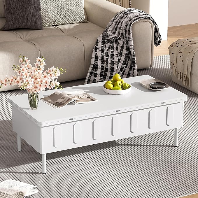 WILLIAMSPACE 43.3" Rectangular Lift-Top Coffee Table with 2 Drawers, Modern Center Table with Foldable Top, Multi-Functional Adjustable Dining Table with Storage Compartment for Living Room, White