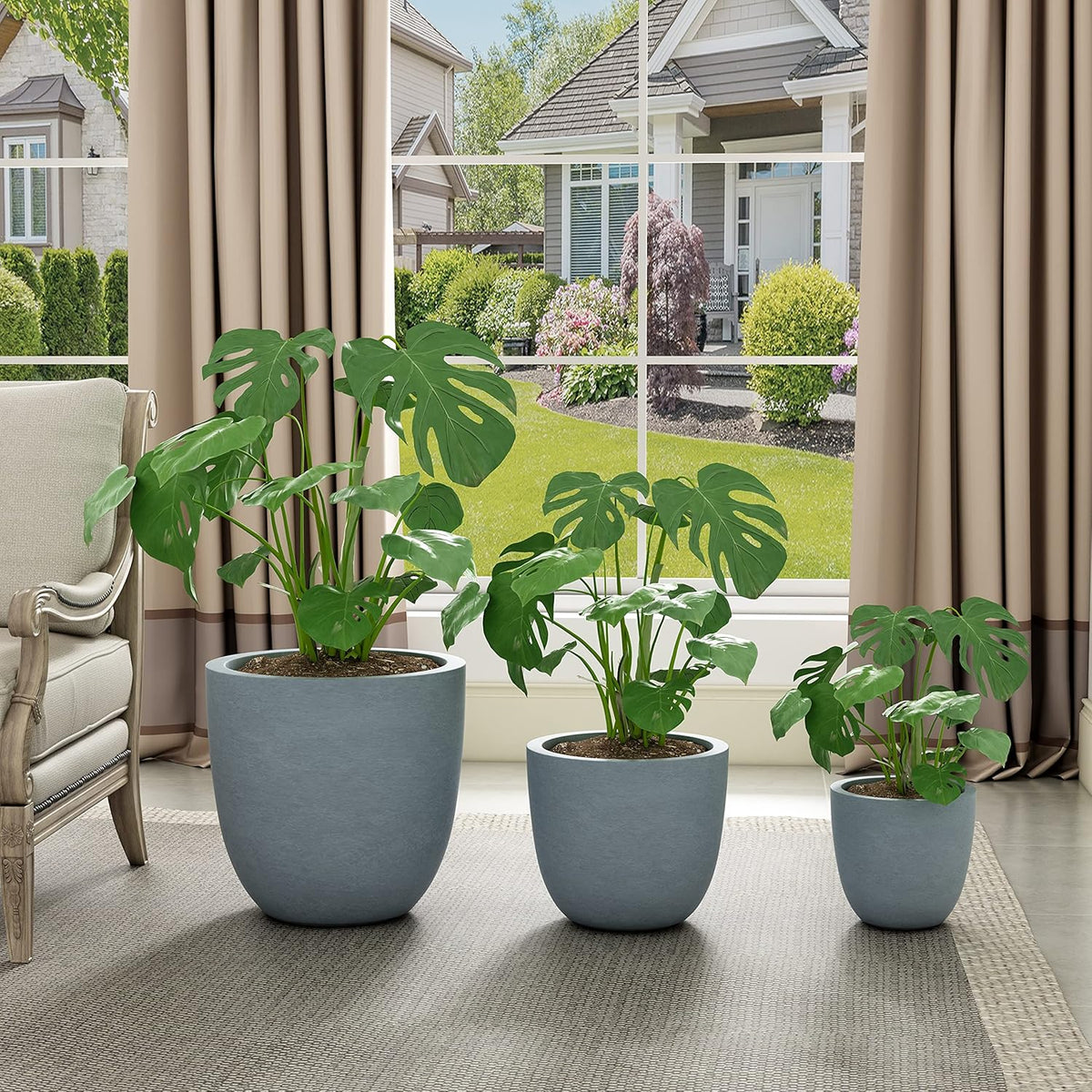 Kante 18",14",10" Dia Concrete Round Planters (Set of 3), Outdoor Indoor Large Planter Pots with Drainage Hole and Rubber Plug for Home Patio Garden, Gray
