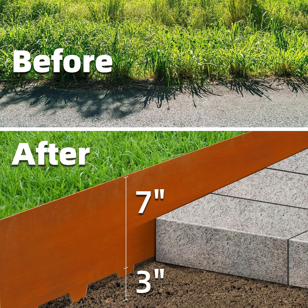 Solution4Patio 8-Pack Corten Steel Garden Landscape Edging with 9X Clips, 10" H Hammer-in Heavy Duty Bendable Metal Pre-Rusted Border Edging Strips for Lawn, Yard (26ft Total)