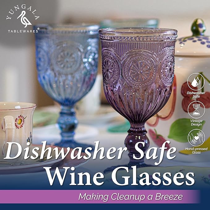 Yungala Purple Wine Glasses set of 6 purple goblets. GLASS goblets for wine, water or cocktails, vintage glassware and DISHWASHER SAFE, colorful glassware.