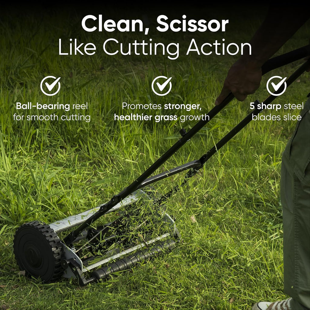 16" Push Reel Lawn Mower – Manual 5-Blade Hand Mower with Adjustable 3-Position Cutting Height (0.5"–1.75") – Lightweight, Eco-Friendly, Steel Blades – 2-Year Warranty