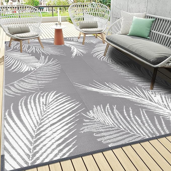 Pauwer Outdoor Rug, 6'x9', Leaf Grey, Reversible, Waterproof, Polypropylene, Lightweight, RV Mat, Patio Decor