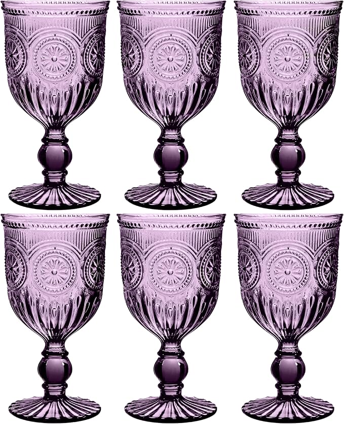 Yungala Purple Wine Glasses set of 6 purple goblets. GLASS goblets for wine, water or cocktails, vintage glassware and DISHWASHER SAFE, colorful glassware.