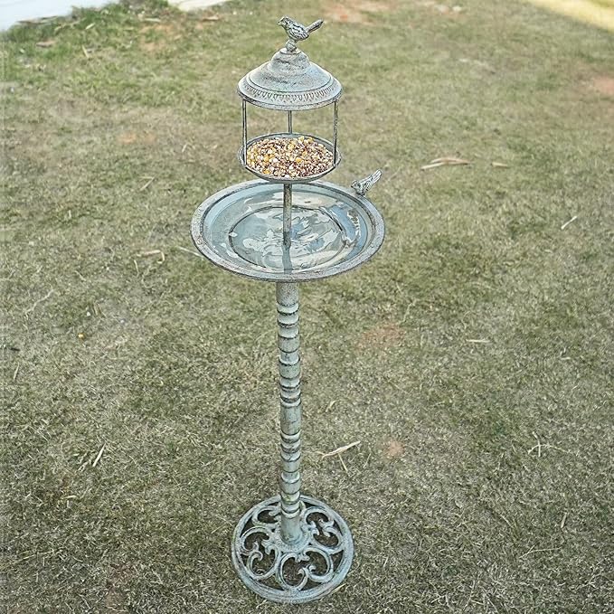 44.5" H Outdoor Metal Bird Bath Combo, Metal Bird Bath Bowl and Bird Feeder 2 in 1 Garden Yard Decoration