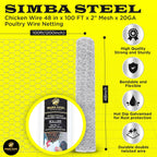 Chicken Wire 48 in x 100 FT x 2” Mesh x 20GA | Poultry Wire Netting | Hot Dipped Galvanised | Hexagonal Galvanized Mesh for Chicken Coop, Rabbit Cage, Fence Barrier PM48x100x2