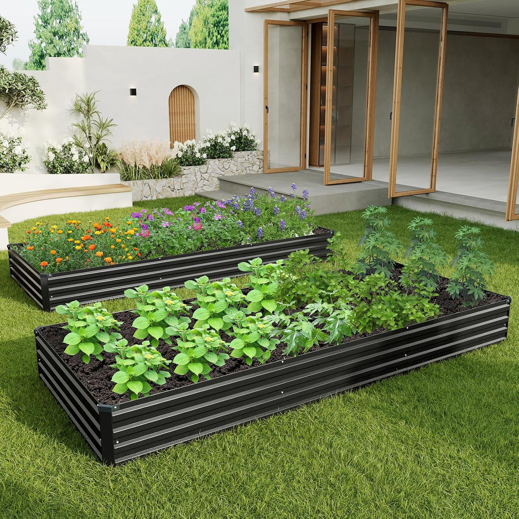 12×4×1FT(2PCS) Galvanized Raised Garden Bed Kit, Metal Planter Boxes，Large Outdoor Planters Garden for Planting Vegetables,Flowers,Herbs -Black