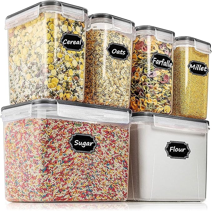 Wildone Airtight Food Storage Containers Cereal & Dry Food Storage Container Set of 6(Black Lid), Leak-proof & BPA Free, With 1 Measuring Cup & 20 Chalkboard Labels & 1 Chalk Marker