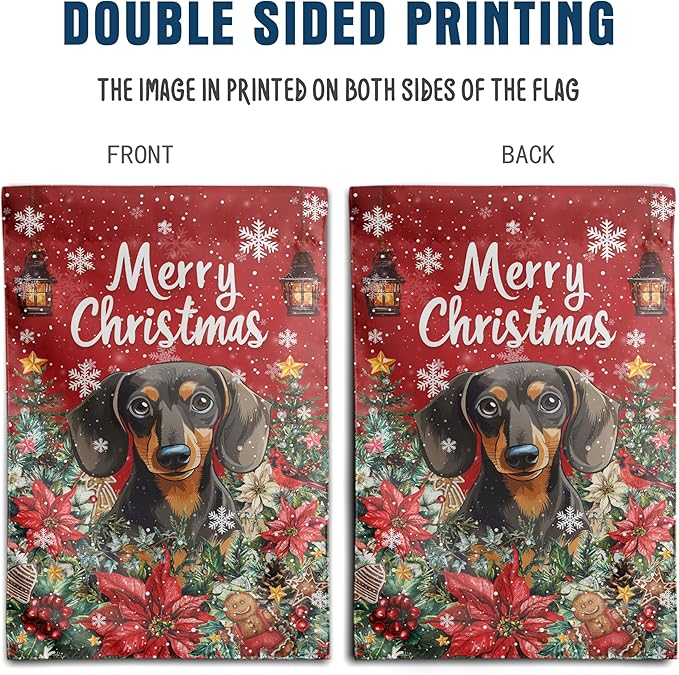 Christmas Dachshund Garden Flag Merry Christmas Dog Yard Flag for Outside Xmas Flags 12x18 Double Sided Red Poinsettia Garden Flags Winter Porch Decorations Outdoor