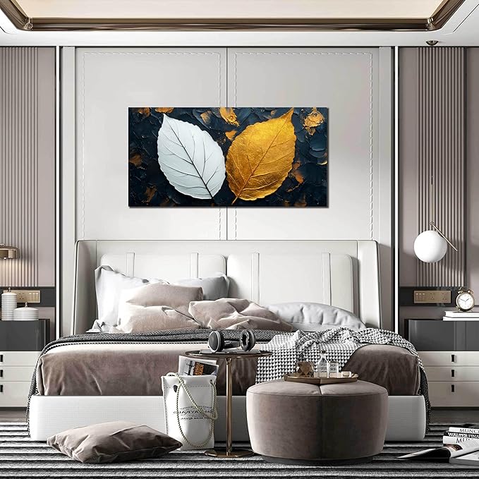 CANEITO Leaves Wall Art for Living Room, Black White and Gold Wall-Decor for Bedroom, Waterproof Canvas Print, Size 40x20 Inches