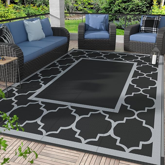 GENIMO 4 ' x 6 ' Outdoor Rug for Patio, Waterproof Indoor Outdoor Plastic Straw Rugs Carpet, Reversible Outside Area Mat for Camping, Balcony Porch, Deck, Picnic, Beach Black Grey