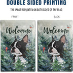 Welcome Winter Garden Flags Boston Terrier Garden Flag Cardinal Birds on Snowy Pine Tree Flag Dog Yard Flags for Outside 12x18 Double Sided Christmas Decorative Lawn Flags