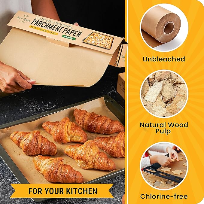 Unbleached Parchment Paper for Baking – 2-Pack 520 Sq.Ft Total - 15 in x 210 ft Baking Paper Roll with Cutter, Non-Stick Brown Parchment for Baking, Cooking, Grilling, Steaming by Baker’s Signature