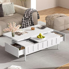 WILLIAMSPACE 43.3" Rectangular Lift-Top Coffee Table with 2 Drawers, Modern Center Table with Foldable Top, Multi-Functional Adjustable Dining Table with Storage Compartment for Living Room, White