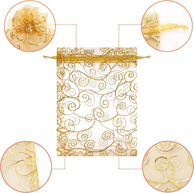Staruby Organza Gift Bags 50 Pcs Gold Sheer Organza Bag 6x8 Inch Mesh Favor Bags Drawstring Jewelry Rattan Printed Gift Pouches for Wedding Party Favors Couple Shower Christmas Gifts Candy Bags