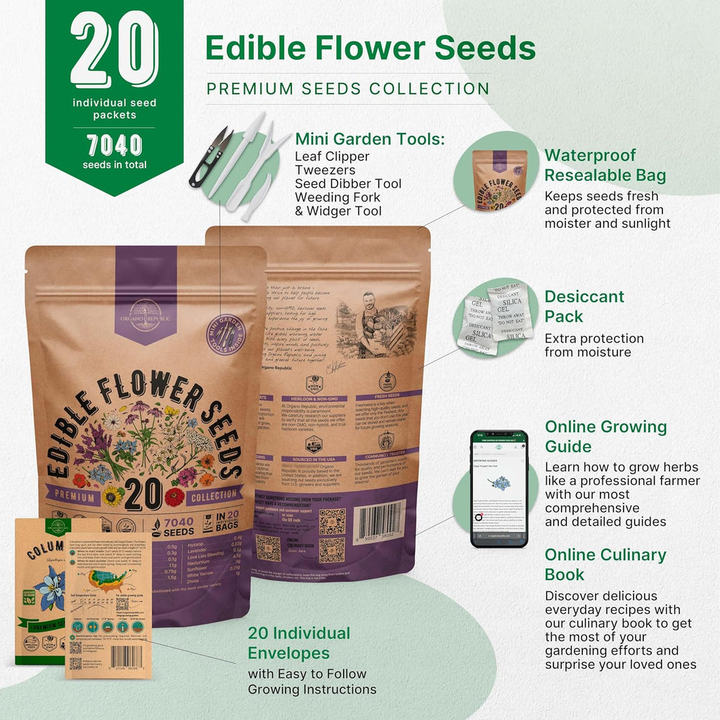 Organo Republic 20 Edible Flower Seeds Variety Pack- Indoor/Outdoor. 7000+ Non-GMO Heirloom: Borage, Bergamot, Nasturtium, Chives, Cape Daisy, Hyssop, Zinnia Seeds & More