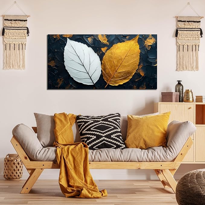 CANEITO Leaves Wall Art for Living Room, Black White and Gold Wall-Decor for Bedroom, Waterproof Canvas Print, Size 40x20 Inches