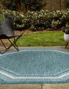 Unique Loom Outdoor Border Collection Area Rug - Soft Border (5' 1" Octagon, Teal/ Ivory)