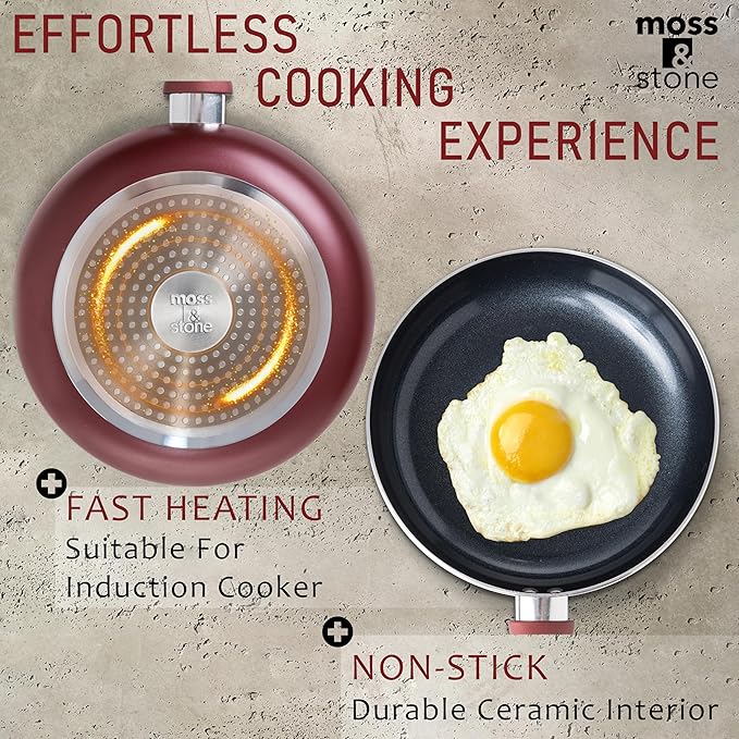 Moss & Stone 6 Pcs Nonstick Cookware Set, Pots And Pans Set Non stick With Glass Lid, Induction Cookware, Stay-Cool Handle PTFE/PFOA Kitchen Pots 6-Piece with Frying Pans & Saucepan, Burgundy