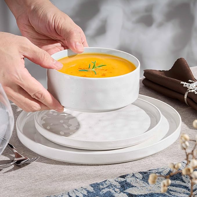 Herogo 12 Pieces Stoneware Dinnerware Sets for 4, Ceramic Plates and Bowls Sets, Dinner Dishware for Home Kitchen, Dishwasher & Microwave Safe, Speckled White