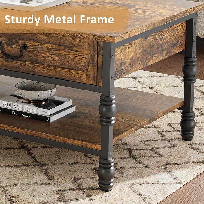 41" Rustic Coffee Table with 2 Storage Drawers, Rectangular Coffee Tables w/Storage Shelf and Metal Legs, Industrial Large Coffee Table for Living Room Office Apartment