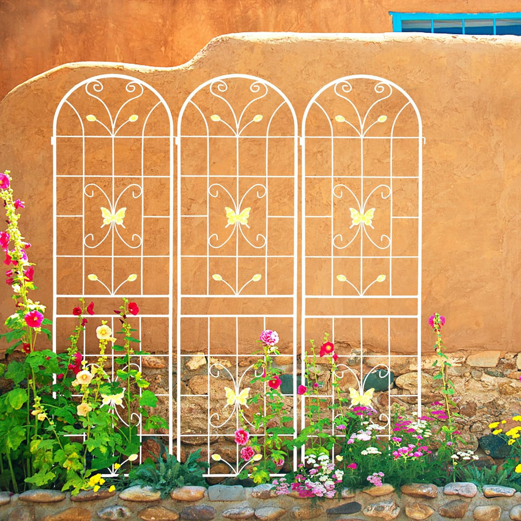 2 Pack Metal Garden Trellis 86.7" Black Fence Rustproof Garden Trellis for Climbing Plants Support Roses Flower Outdoor Lawn, Cream White