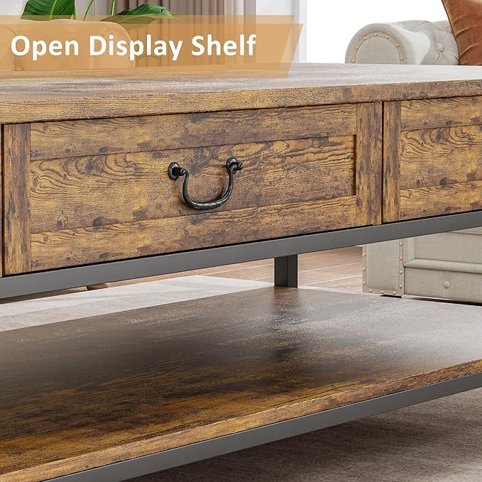 41" Rustic Coffee Table with 2 Storage Drawers, Rectangular Coffee Tables w/Storage Shelf and Metal Legs, Industrial Large Coffee Table for Living Room Office Apartment