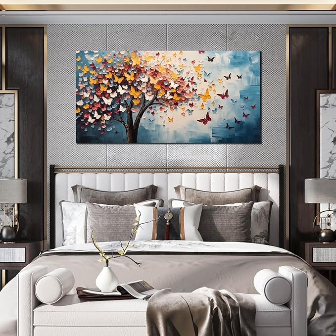 Butterfly Tree Canvas Wall Art for Living Room Bedroom Home Office Blue Colorful Tree of Life Wall Art Modern Large Framed Canvas Prints Size 24x48