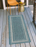 Unique Loom Outdoor Border Collection Area Rug - Soft Border (2' x 8' Runner, Teal/ Ivory)