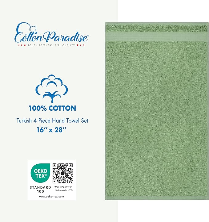 Cotton Paradise Hand Towels for Bathroom, 100% Cotton Turkish 4 Piece Hand Towel Set, Soft Absorbent Face Towels, Sage Green Hand Towels