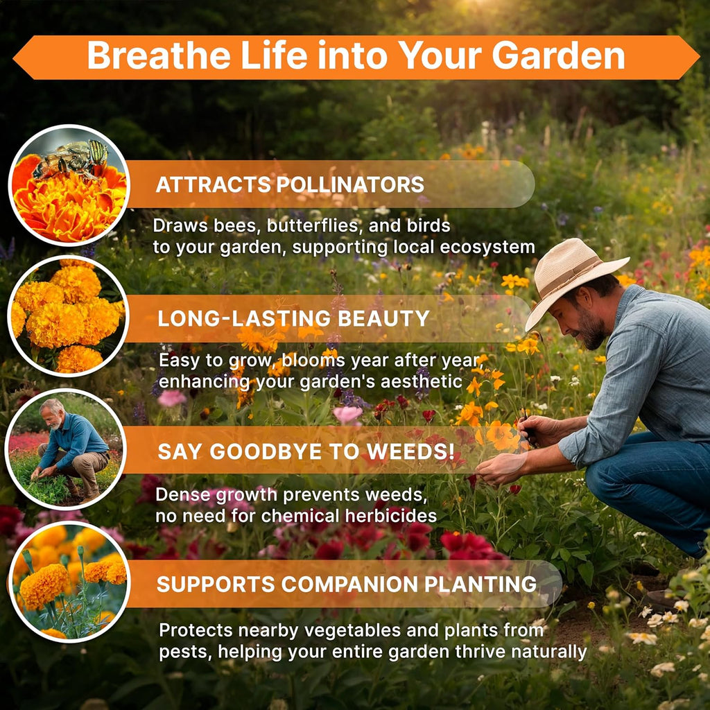 Marigold Seeds Pack 1 oz - Over 9,250 Non-GMO Heirloom Marigold Seeds for Planting Indoor & Outdoor Gardening, Flower Seed for Planting Home and Garden, Flowers Seed in Individual Packet