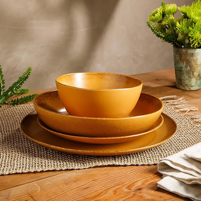 Bloomhouse Palermo Sun Double Bowl Stoneware Reactive Glaze Plates and Bowls Dinnerware Set - Tumeric Yellow, Service for Four (16pcs)