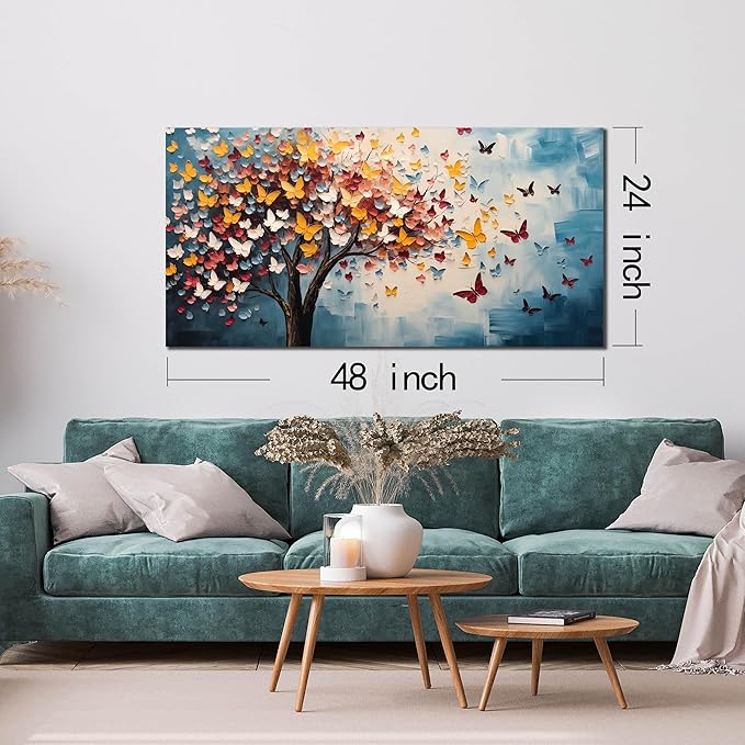 Butterfly Tree Canvas Wall Art for Living Room Bedroom Home Office Blue Colorful Tree of Life Wall Art Modern Large Framed Canvas Prints Size 24x48