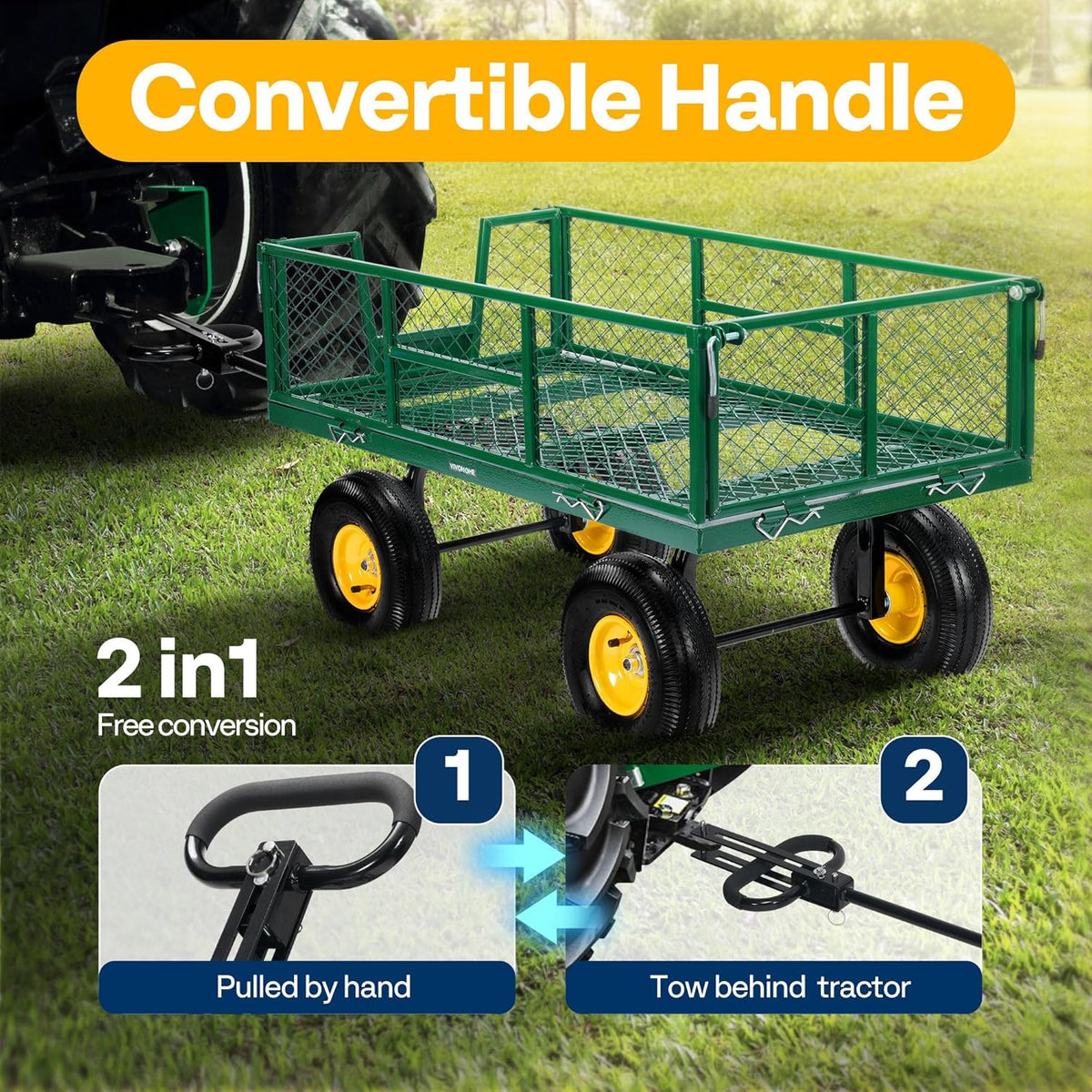 VIVOHOME Garden Cart Steel Heavy Duty 900 LBS Yard and Garden Wagon with 10 inch Tire and Handle Attach to ATV or Tractor Green
