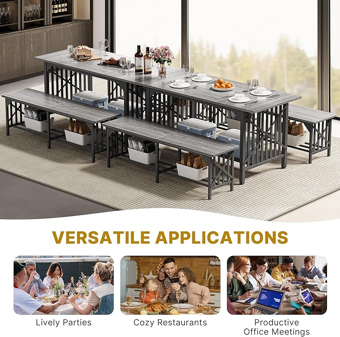 DWVO 3-Piece Dining Table Set for 4-6 People, 63" Dining Room Table with 2 Benches, Industrial Rectangular Dining Room Table Set with Storage for Kitchen, Dining Room, Grey