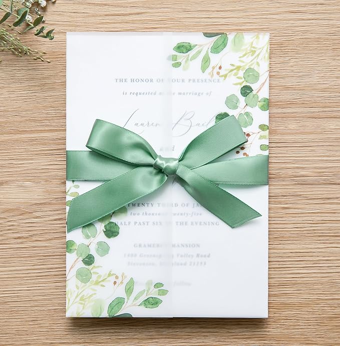 PONATIA 50 PCS Vellum Jackets for 5x7 Invitation Cards- 135GSM Green Eucalyptus Vellum Sleeves, Wedding Invitations Wraps Transparent Christmas Gift Cards Jackets