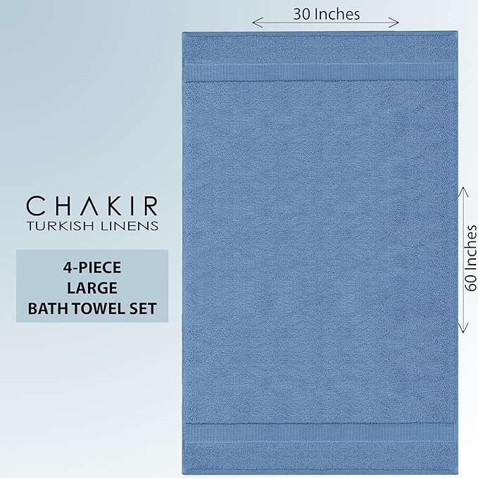 Chakir Turkish Linens 100% Cotton Premium Turkish Towels for Bathroom | 30'' x 60'' Large Bath Towels (4 Piece, Wedgewood)