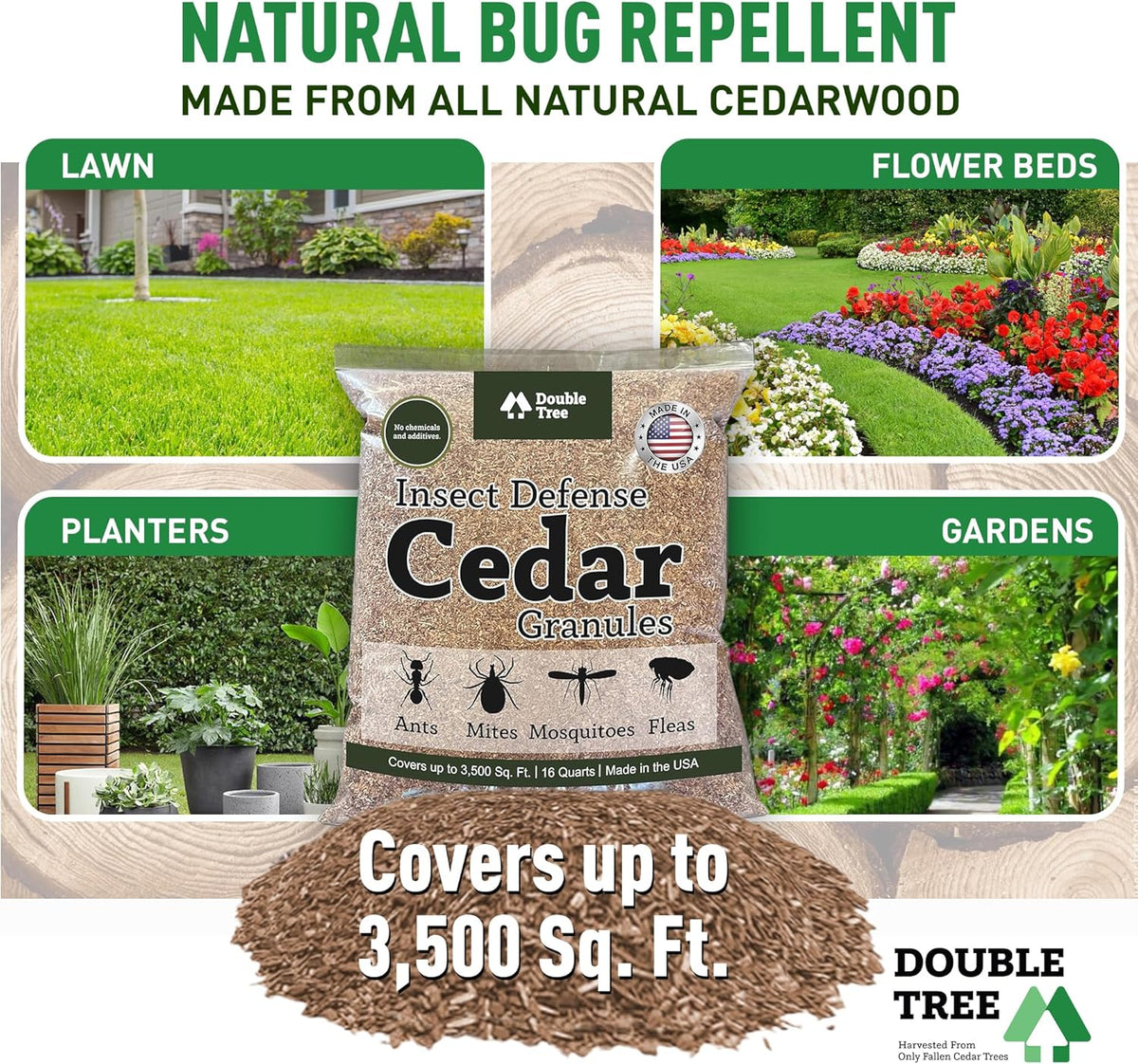 Double Tree Home and Garden Cedar Granules | Repels Fleas, Ticks, Ants, and Mosquitos | Rich Cedar Scent | Non Toxic | Pet Safe | 1 Bag (16 Quarts)