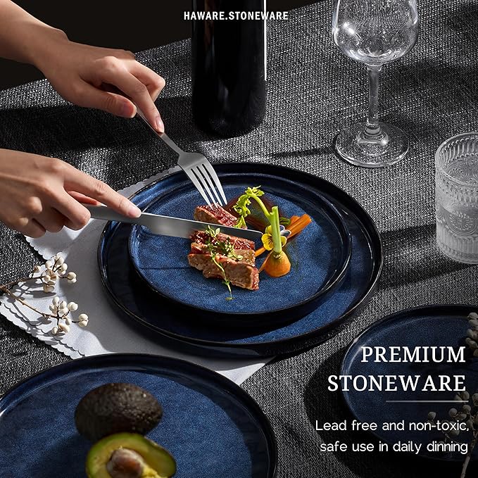 HaWare Dinnerware Sets, 18-Piece Plates and Bowls Set, Stoneware Dish Set for 6, Ceramic Dinnerware for Home Restaurant, Chip and Scratch Resistant, Microwave and Dishwasher Safe, Reactive Starry Blue