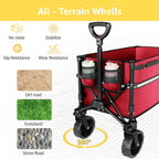 Collapsible Wagon Cart with Wheels Foldable - Folding Utility Heavy Duty Wagons Carts for Grocery Sports Garden Shopping Camping Wheelbarrows, Burgundy